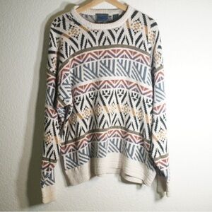 Vintage winter Sweater Etchings Men’s Large Cream Blue Sweatshirt Y2K Fair Isle